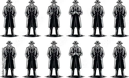 Stylized noir detective silhouettes illustration, men in trench coats and fedoras, vintage mystery fashion, retro crime concept, anonymity theme