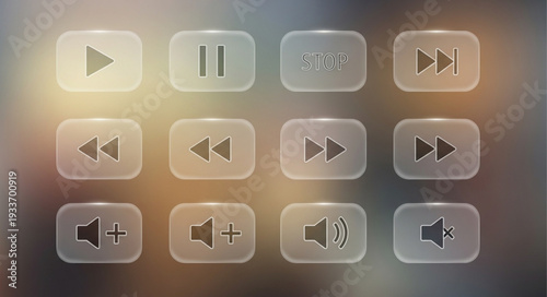 Collection of translucent media player buttons on a blurred background.