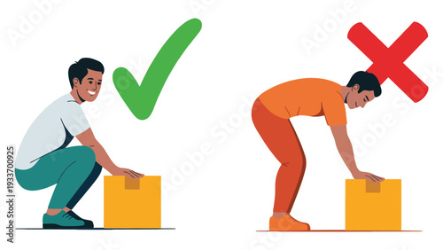 Proper lifting technique vector illustration with correct and incorrect postures