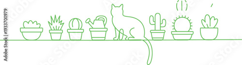 Green line of a cat sitting on a windowsill with potted plants and a sun cactus succulents