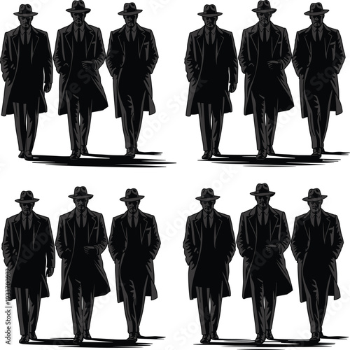 Stylized noir silhouettes of men in trench coats and fedoras, walking forward, uniformity, anonymity, surveillance, retro mystery concept