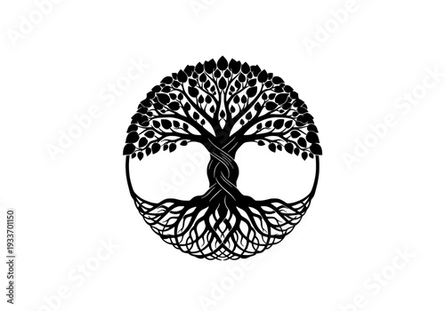 Illustration of a tree with roots and branches in a circular frame on a plain background