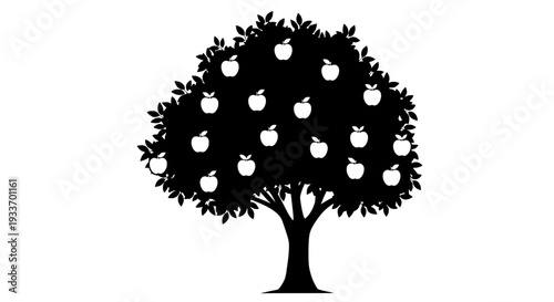 A black silhouette tree with apples stands alone in a simple white environment viewed from front