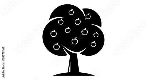 Simple black and white illustration of a tree with apples on its branches viewed from front