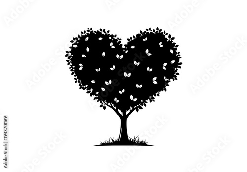 A heart-shaped tree with birds flying away, symbolizing love in a serene natural landscape