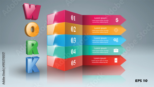 3D Work Process Infographic Template. Vector Illustration of a 5-Level Block Graphic with "WORK" Typography and Operational Industry Icons