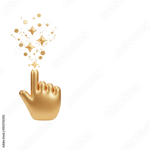 Gold metallic hand cursor clicking with magic sparkles