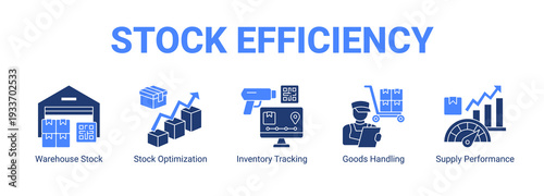 Stock Efficiency web banner icon concept, with Warehouse Stock, Stock Optimization, Inventory Tracking, Goods Handling.
