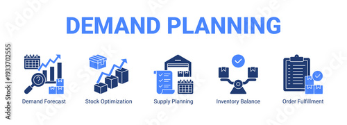 Demand Planning web banner icon concept, with Demand Forecast, Stock Optimization, Supply Planning, Inventory Balance.
