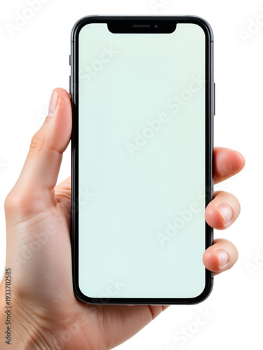 Hand holding smartphone mockup as png photo with blank screen isolated on white background. mobile phone hand mockup