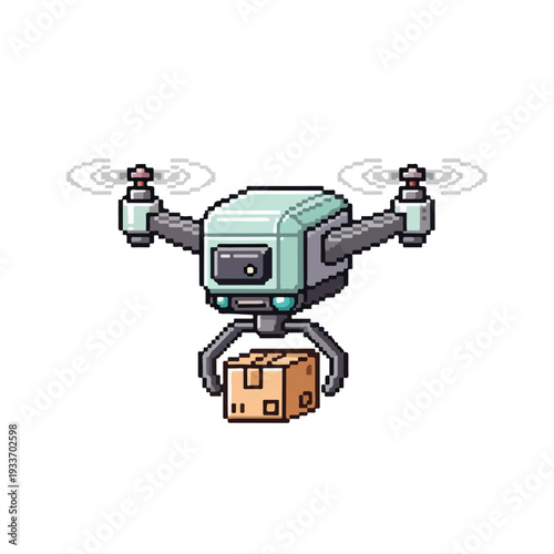 Pixel art drone delivering a package