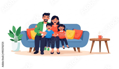 Family happiness vector illustration with parents and kids laughing together at home