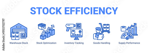 Stock Efficiency web banner icon concept, with Warehouse Stock, Stock Optimization, Inventory Tracking, Goods Handling.