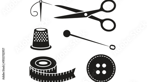 Sewing tools icon set including scissors and measuring tape illustration