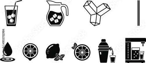 Beverage and citrus fruit icon set, juice pitcher, lemonade, ice cubes, coffee maker and drink silhouette collection