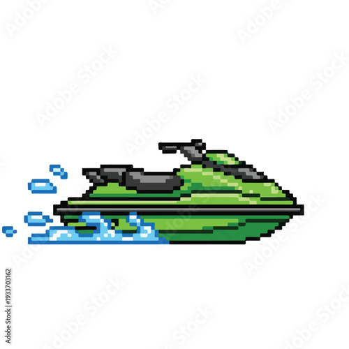 Pixel art green jet ski speeding on water recreation vehicle
