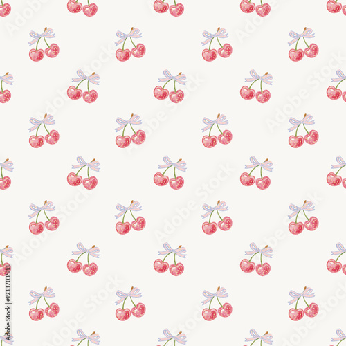 水彩手描き風のピンクのリボンがついたチェリーのベージュベースのシームレスパターン（小）