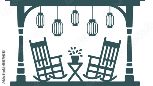 A porch swing icon with rocking chairs and lanterns illustration