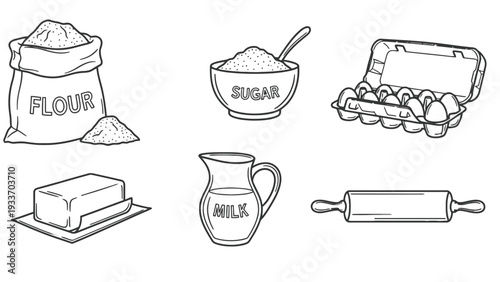 Baking ingredients icon set including flour, sugar, eggs, milk, butter, and rolling pin