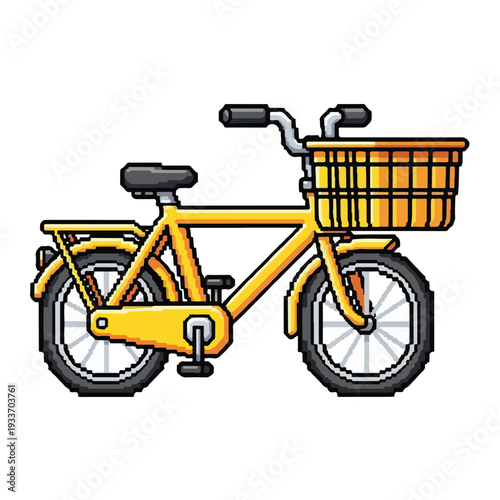 Yellow bicycle with basket on back side view