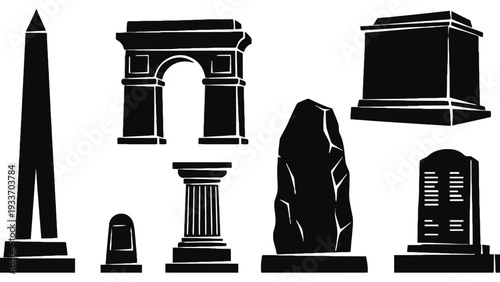 Monument vector silhouettes including obelisk, arch, tomb, and column illustrations