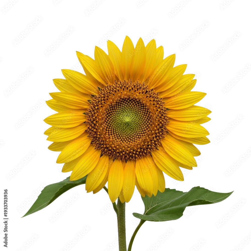 Fototapeta premium Single sunflower bloom with green leaves on white background
