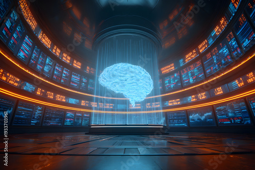 Digital brain with stock market chart representing AI financial data analysis and fintech technology