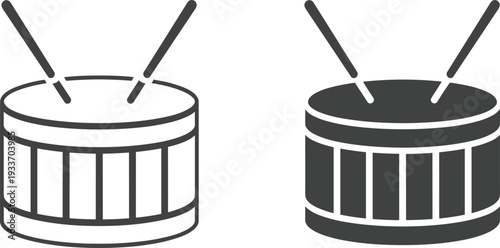 Black and white icons of a drum with drumsticks percussion musical instrument