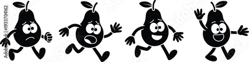 Four black silhouette pears with different facial expressions and running poses on white background fruit