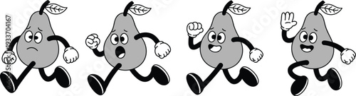 Four cartoon pears with different facial expressions and running poses on white background fruit character