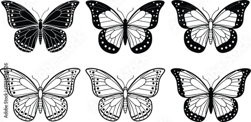 Butterfly silhouette collection set, detailed black and white insect wings vector illustration isolated on white background design