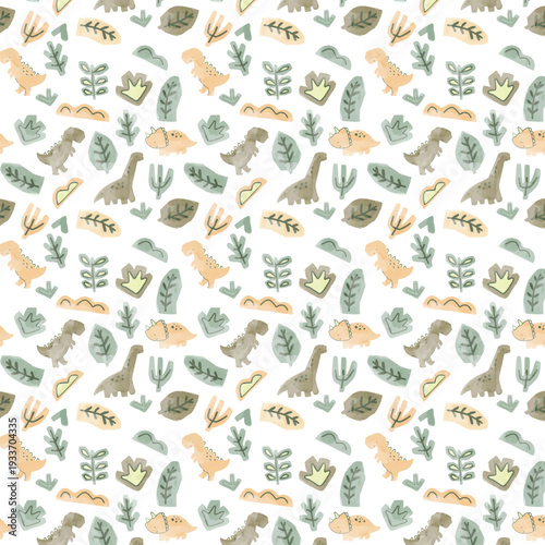 Seamless Cute Dinosaur Pattern with Hand-Drawn Dino Characters and Tropical Leaves