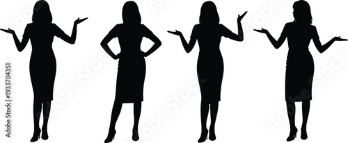 Four Silhouettes of Women in Dresses with Different Poses and Gestures woman female