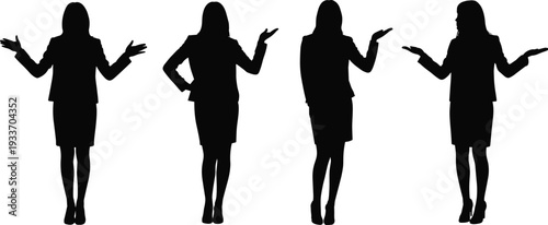 Four Silhouette Businesswomen Posing with Open Arms on White Background businesswoman gesture
