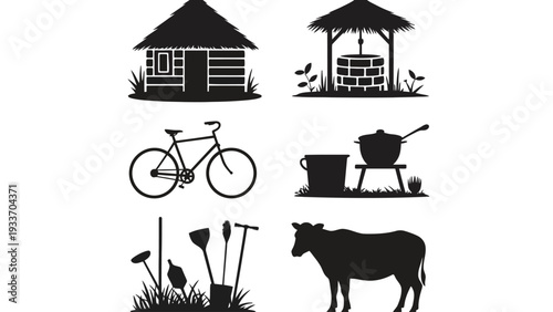 Farm silhouette icons including house, bicycle, cow and gardening tools