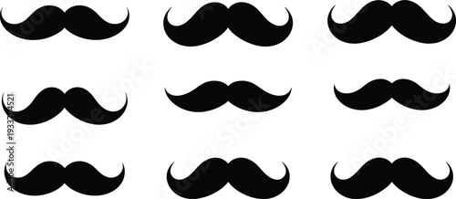 Nine black handlebar mustache icons arranged in a three by three grid on a white background moustache