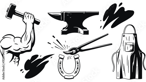 Blacksmith tools and equipment illustration with a muscular arm holding a hammer