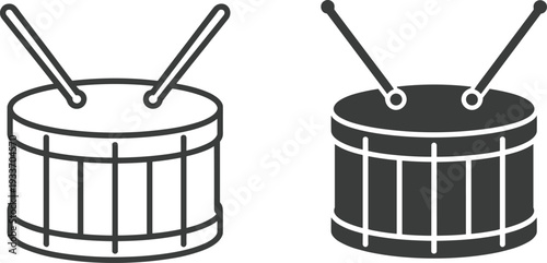 Outline and Filled Silhouette Icons of a Drum with Drumsticks musical instrument percussion