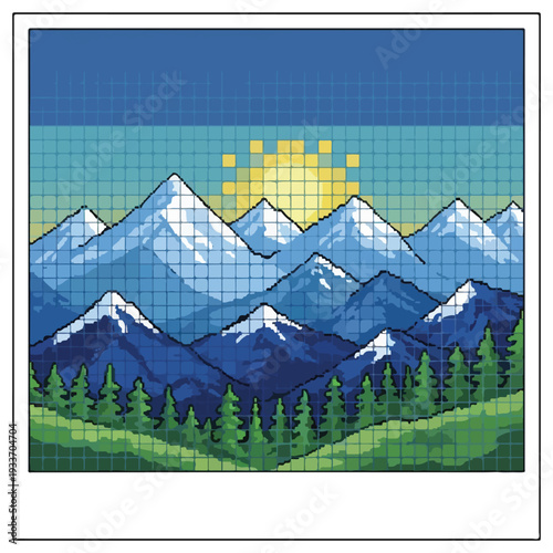 Vibrant Mountain Landscape with Snowy Peaks and Sunset