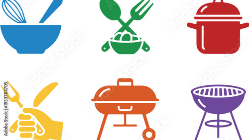 A colorful illustration of various cooking utensils and grills for outdoor cooking