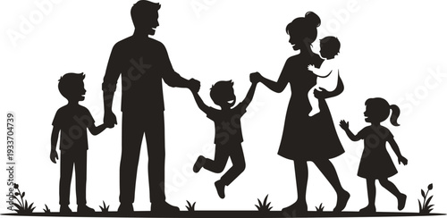  2026 Silhouette of a Joyful Large Family with Four Children Holding Hands and Playing Together