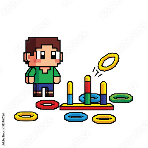 Boy playing ring toss game on colorful pegboard outdoors