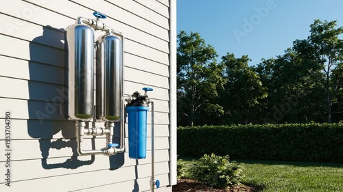 Exterior Water Filtration System Mounted on House Wall.