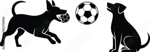 Silhouette of two dogs playing with a soccer ball on a white background puppy animal