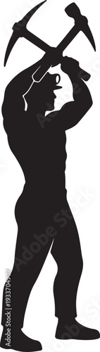 Powerful black silhouette of a determined miner with crossed pickaxes, embodying the enduring spirit of hard work, industrial effort, and resource extraction