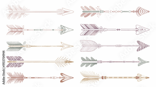 Collection of various decorative arrows with feathers on white background vector illustration set