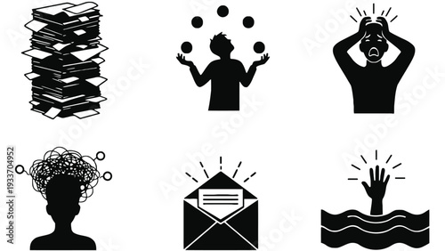 Stressful life situations depicted in black silhouette illustrations