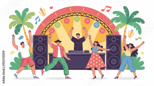 People dancing at an outdoor music festival with a dj palm trees and colorful decorations at night