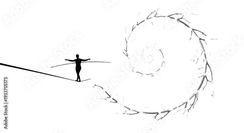 Lone figure balances precariously on a tightrope, facing a swirling, abstract vortex.