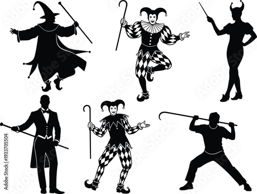 Circus and carnival characters silhouette set, jester magician devil and ringmaster vector illustration isolated on white background